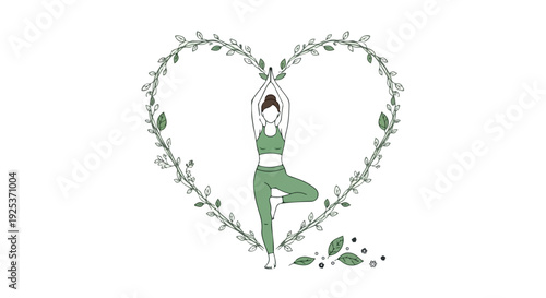 Illustration of a woman in green yoga attire standing in tree pose surrounded by a heart-shaped leafy vine on a white background with a calming and natural mood.
