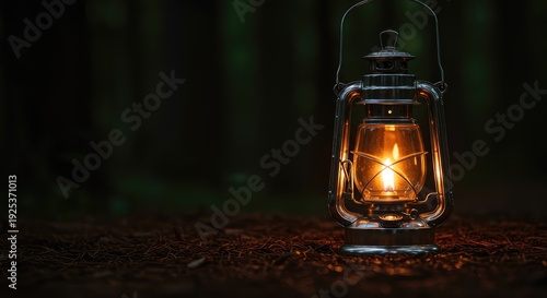 A vintage metal lantern glowing softly in the dark woods, providing warmth and guiding the way through the shadows and deep gloom ,object ,hiking ,equipment