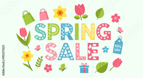 Vibrant Spring Sale illustration with flowers and gift tags surrounding text