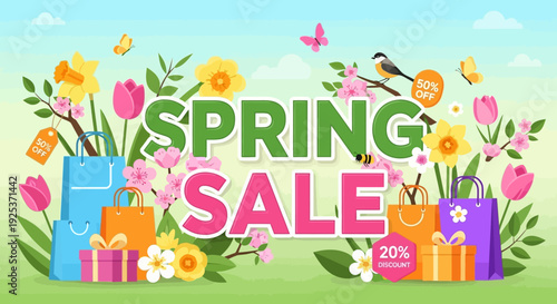 Vibrant Spring Sale illustration featuring gift boxes, flowers, and shopping bags in a lush green environment