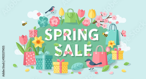 Vibrant Spring Sale Illustration Featuring Shopping Bags and Floral Elements