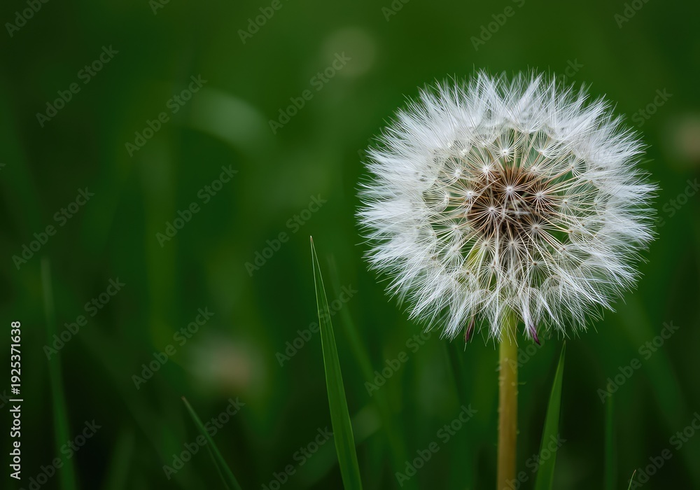 Fototapeta premium Detailed image of a fluffy white dandelion seed head, also known as a blowball, standing tall in a vibrant green meadow symbolizing wishes ,fragile ,peaceful ,white