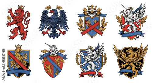 Medieval Heraldic Beasts and Shield Crests Vector Illustration Collection