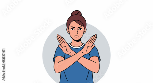 Illustration of a woman with her arms crossed in a rejecting gesture against a light grey circular background.