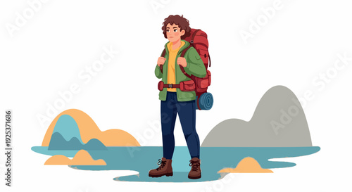 Illustration of a young hiker standing with a backpack against a stylized mountain landscape with a mix of warm and cool colors.