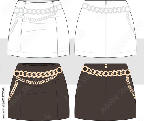 Mini fitted skirt with chain belt detail at the waist fashion technical drawing, illustration. Front and back view, skirt vector. Cad, Mockup set.