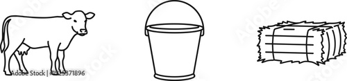 Simple line art icons of a cow, bucket, and hay bale on a white background