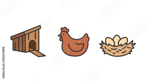 Simple cartoon icons of a chicken coop, hen, and nest with eggs on a white background