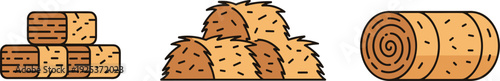 Collection of three different types of hay bales, flat design icons