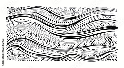 Abstract Hand Drawn Wavy Lines Pattern Black and White.