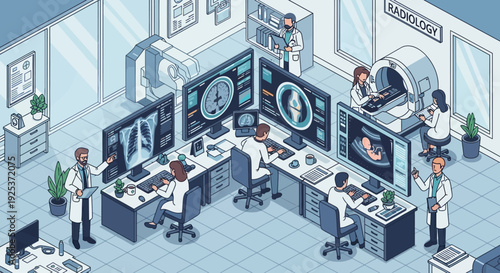 Medical professionals analyzing medical imaging data on multiple screens in a modern laboratory setting with various equipment and a collaborative environment from an overhead viewpoint