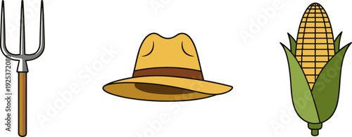 Farmer's tools and harvest: pitchfork, hat, and corn on the cob