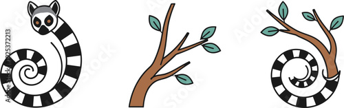 Cute cartoon lemur with striped tail and stylized tree branches with leaves