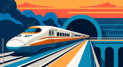 High-speed train traveling through a tunnel, vibrant vector illustration of modern rail transport