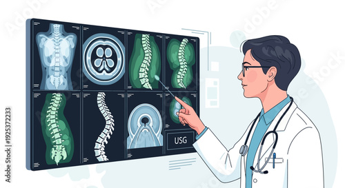 Doctor analyzing medical images on a high-tech screen in a clinical environment from a side viewpoint.