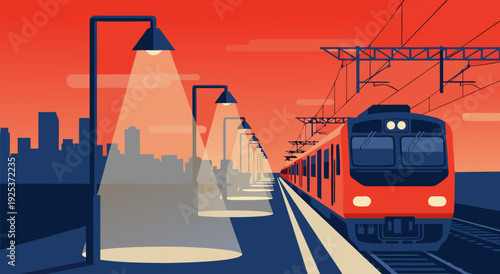 Striking modern vector illustration of a train station at sunset with city skyline and street lights