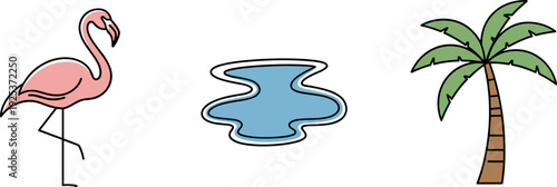 Pink flamingo standing near a small pond and a palm tree on a white background