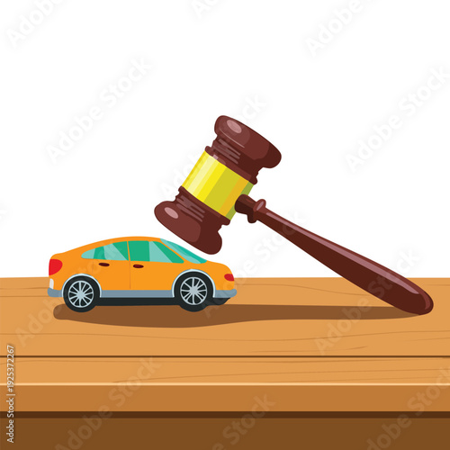 Gavel hitting a toy car on a wooden surface