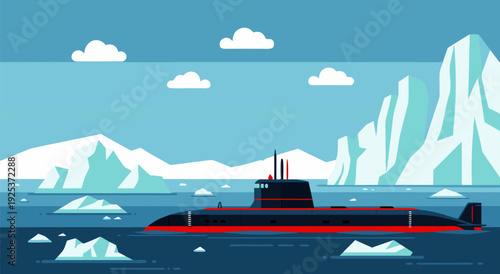 Arctic exploration vector illustration of a powerful submarine navigating through icebergs in a dynamic polar landscape