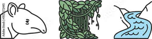 Stylized icons of a tapir, lush jungle foliage, and a flowing river on white background