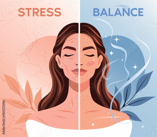 Stress and balance. Two sides of the face, the left side shows tense, wrinkled skin against a background of cracks, right side a relaxed, radiant complexion. For wellness, mental health, self-care