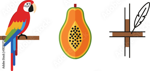 Colorful macaw, papaya slice, and quill pen icon set on a white background