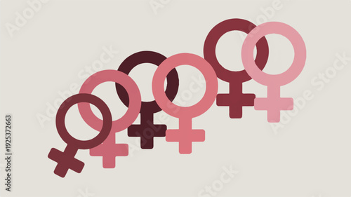 feminist symbols in different pink and red shades on beige background