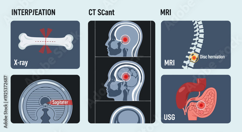 Medical imaging modalities displayed in a grid showcasing various diagnostic techniques for internal body structures