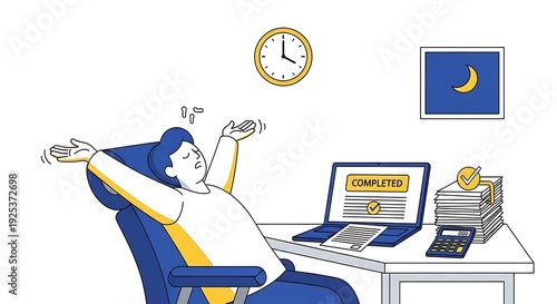 Satisfied professional relaxes at desk after successfully completing tasks, laptop displays 'COMPLETED', marking the end of a productive workday