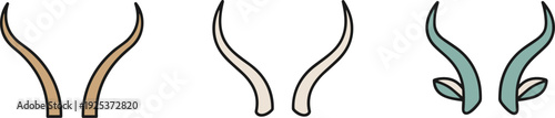 Collection of three stylized animal horns in different colors and shapes on a white background