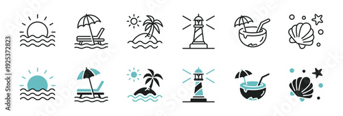 Summer beach tropical sea vacation icon line set. Coastal trip ocean wave with sunset and palm tree signs vector illustration