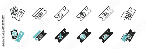 Ticket icon line set. Transportation entry pass booking voucher, train, flight, sport, concert, cinema, travel access coupon signs vector illustration