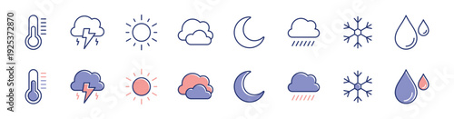 Collection of weather sky forecast element icon line set. Day and night, cloud, rain, wind, storm, snow, barometer, temperature symbol vector illustration
