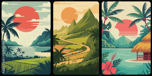 Coastal Sunset Poster, Featuring Coral Red Sun, Silhouetted Palm Trees, Calm Turquoise Ocean and Golden Road