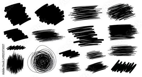 Collection of black marker strokes and scribbles on white background.