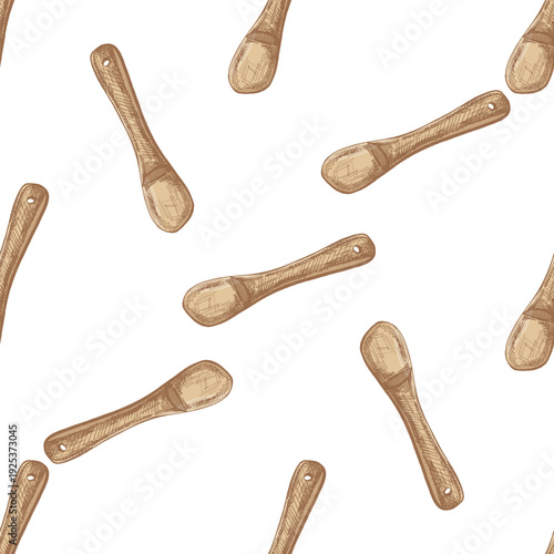 Hand drawn vintage seamless pattern of wooden kitchen spatula in natural brown color