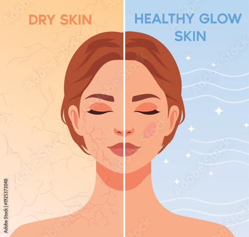 Vector illustration dry skin and healthy glowing skin, split face design, cracked, dehydrated skin on one side and smooth, radiant complexion on the other. For advertising skin care, beauty blogs