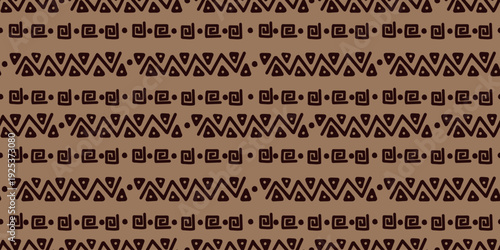 Abstract pattern of horizontal rows with stylized geometric elements in African style. Seamless repeating vector background for textile printing and surface design.