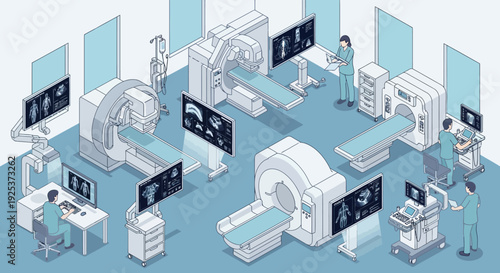 Medical professionals operating advanced imaging equipment in a high-tech hospital radiology department from an aerial viewpoint