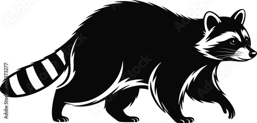 Raccoon side view silhouette, wild forest animal black and white minimalist graphic, nature wildlife mascot, CAD drawing flat vector illustration, nocturnal mammal icon.