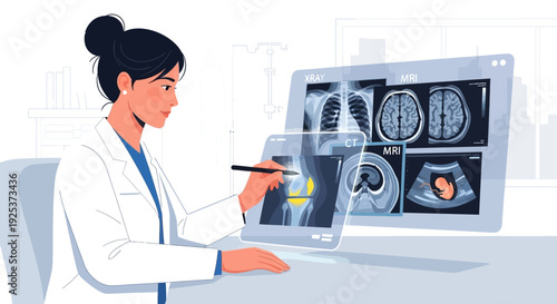 Medical Professional Analyzing Brain Scans on Digital Screen in Laboratory Setting from a Side Viewpoint