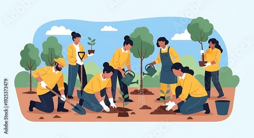 Community planting trees and gardening together in a park with lush green trees and clear blue sky in the background