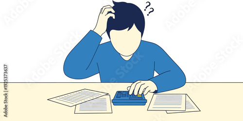An individual grappling with financial calculations and bills, depicting stress and confusion over budgeting and managing personal expenses