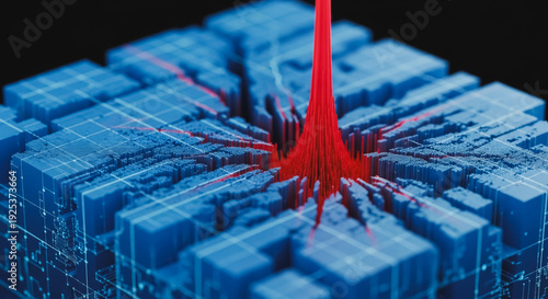 Digital data network flow with abstract blue cubes and a vibrant red central energy pulse on a dark background.