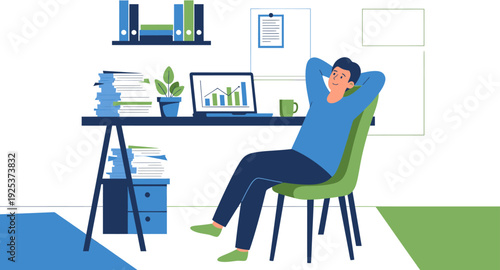 A professional enjoys a calm break, leaning back in their office chair, laptop showing business growth, symbolizing successful work-life balance