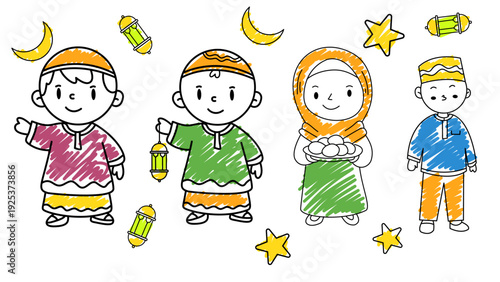 group of four happy muslim children wearing colorful clothes standing and smiling