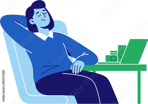 Relaxed person sitting at a desk with a laptop and headphones, embracing a moment of calm and productivity