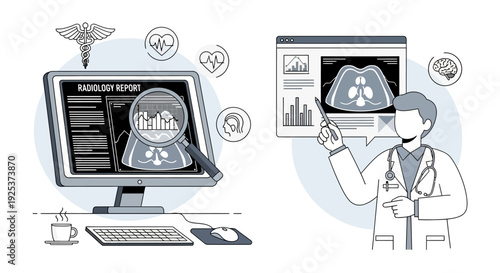 Medical Professional Analyzing Diagnostic Report on Computer Screen with Various Medical Icons