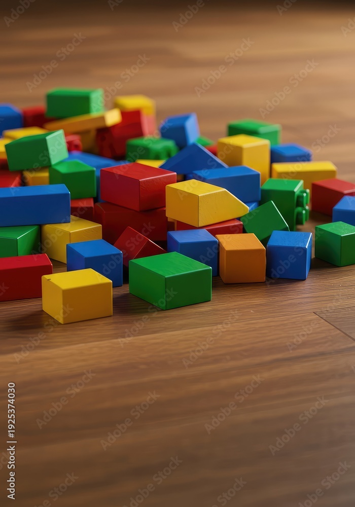 Obraz premium A chaotic heap of colorful children's building blocks scattered across a smooth wooden floor, representing mess and lack of organization ,complexity ,wood ,interior