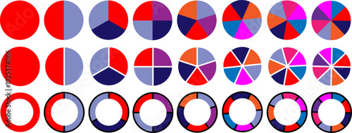 Pie charts diagrams Collection set. Different color circles isolated. Infographic element round shape. Colorful Pie Chat Set. pie chart graph, pie chart graph design